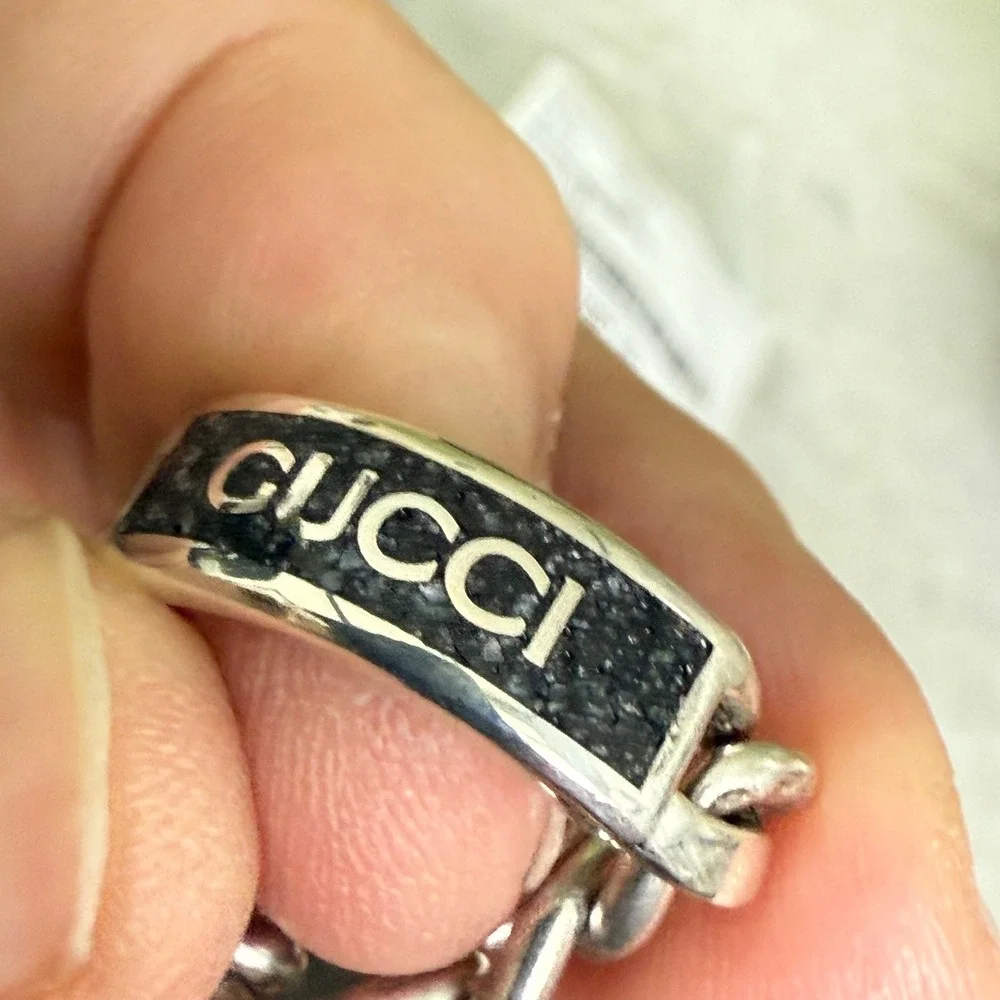 Gucci 678711 Unisex Sterling Silver Chain Ring with Black plaque, SZ 18